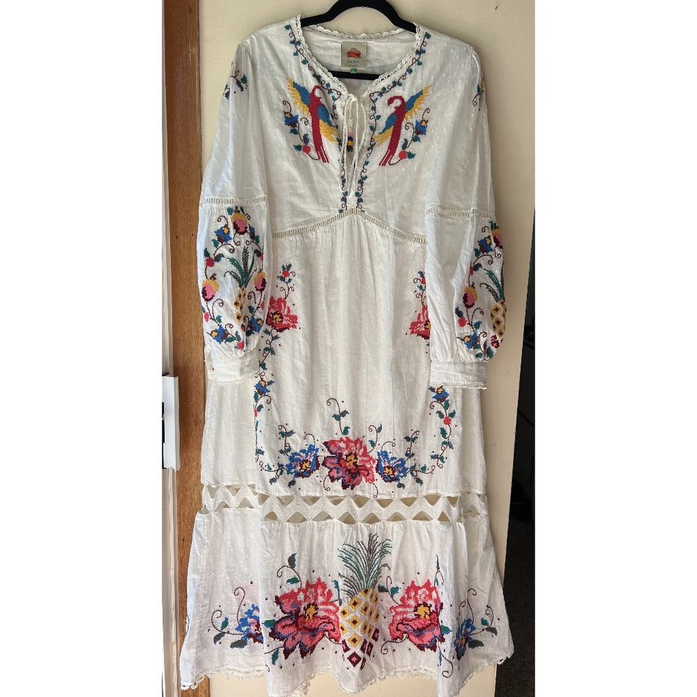 Farm Rio Macaw Cross-Stitch Embroidered Midi Dress Large ALTERED to petite L